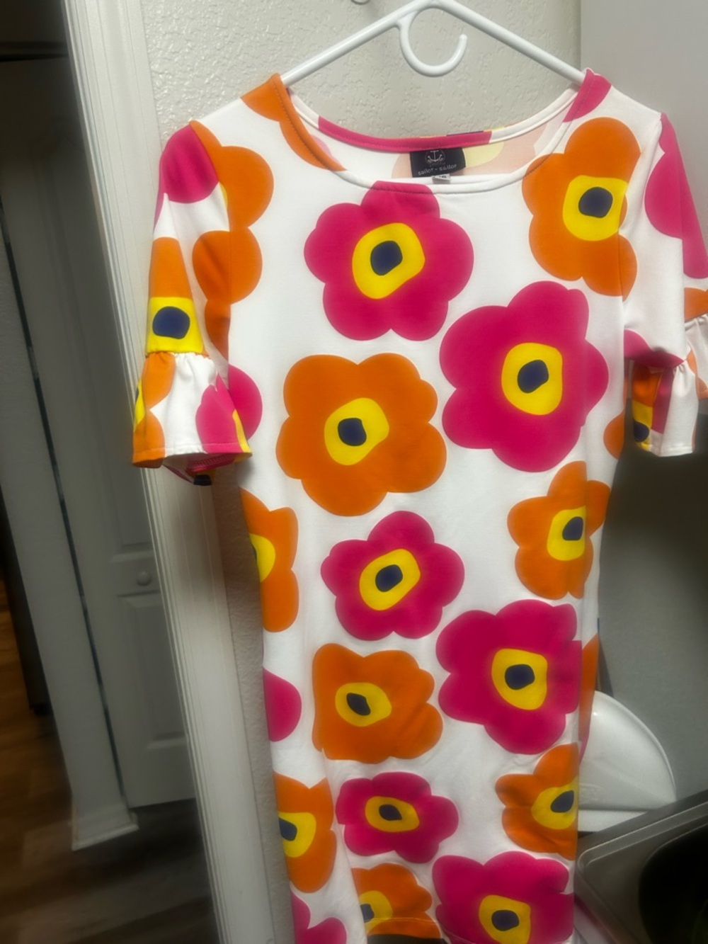 White Midi Dress with Bold Pink & Orange Floral Print